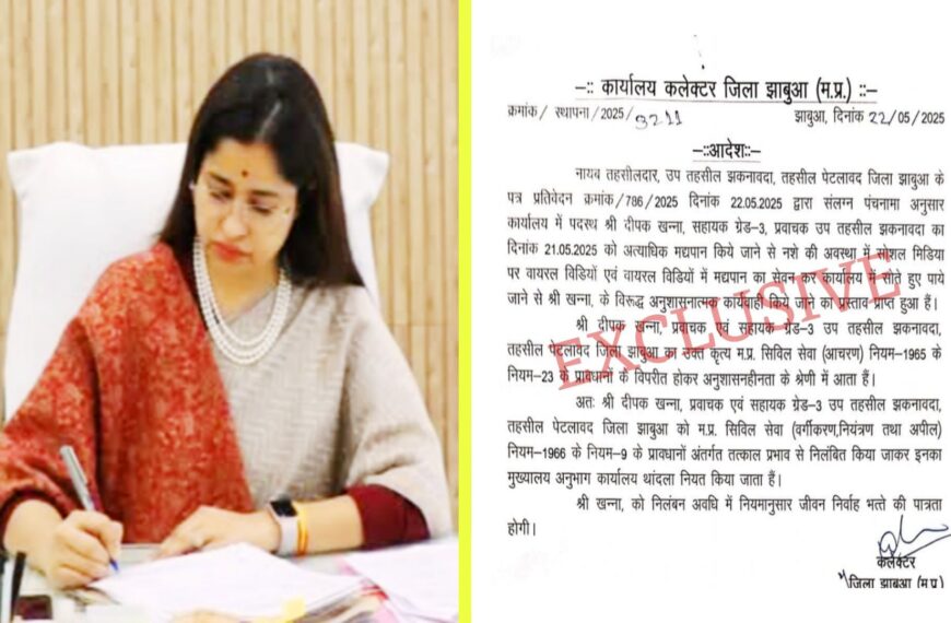 झाबुआ – कलेक्टर नेहा मिना ने लिया ऐक्शन , झकनावदा तहसील मे कार्यरथ कर्मचारी को किया निलंबित ।