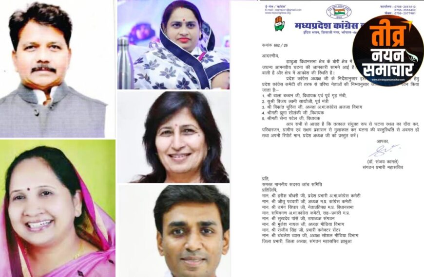 आलीराजपुर – बोरी क्षेत्र की घटना की जांच के लिए , प्रदेश कांग्रेस कमेटी ने पांच सदस्यीय जांच समिति गठित की ।